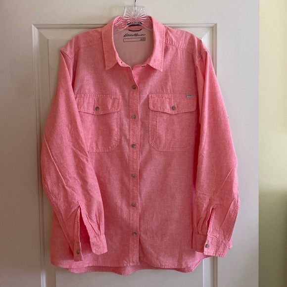 Eddie Bauer Linen Blend Vented Roll Tab Sleeve  Breast Pocket Button Up Pink XL - Picture 1 of 8